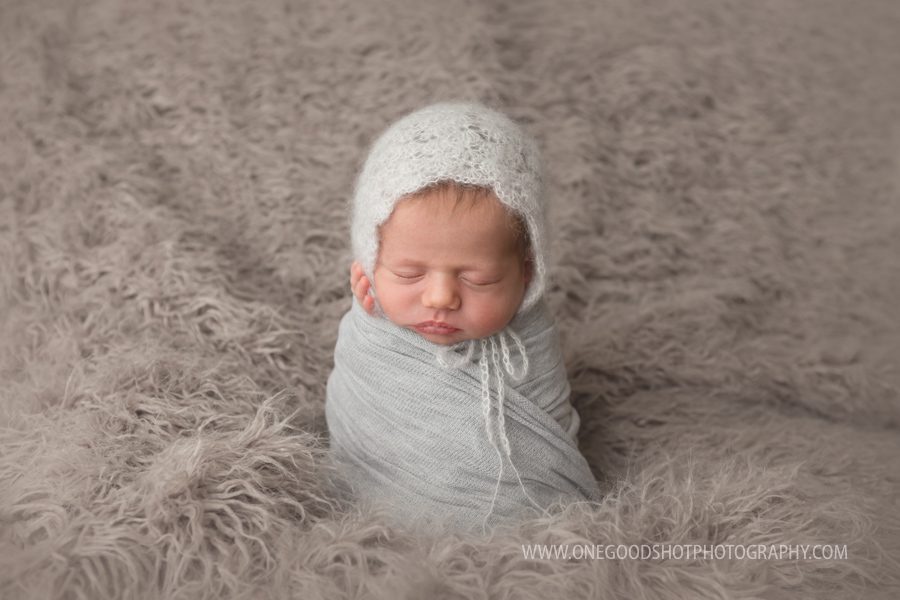 newborn girl, gray, potato sack pose, fresno newborn photographer