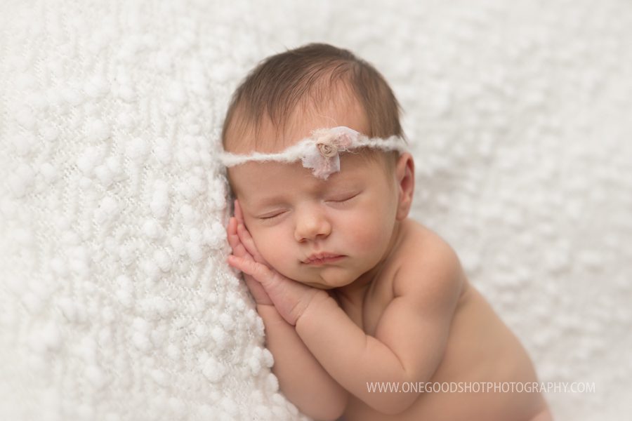 newborn girl, curled up, sleeping position, all white, fresno newborn photographer, one good shot photography