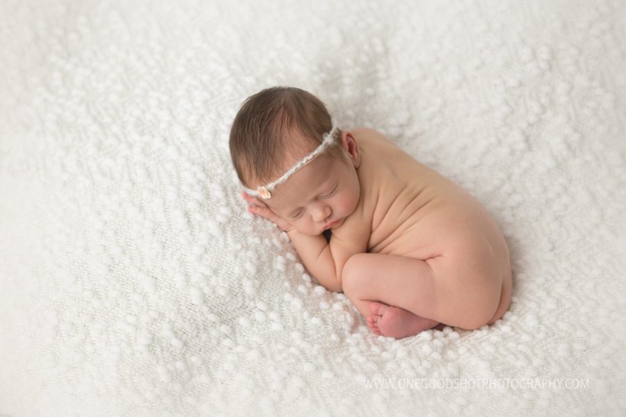 newborn girl, curled up, sleeping position, all white, fresno newborn photographer, one good shot photography