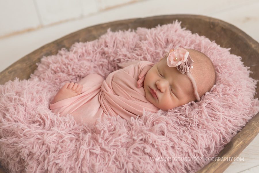 baby girl in bowl, newborn, pink wrap, pink fluff