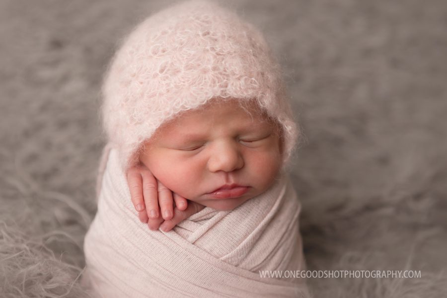 newborn girl, potato sack pose, pink bonnet, pink wrap, gray float, vintage