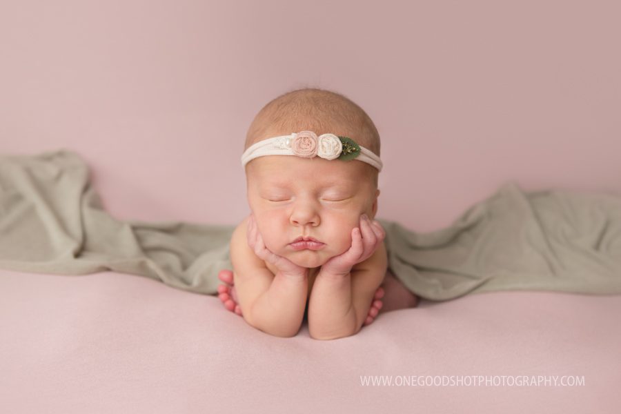 newborn baby girl, froggy pose, pink and green, fresno, ca photographer