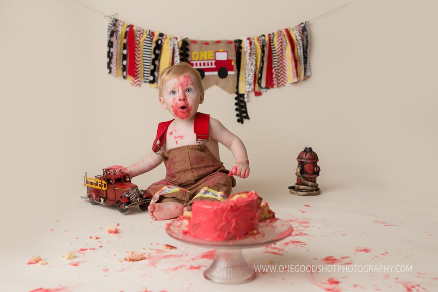 Boy First Birthday Photo, Red Fireman Cake