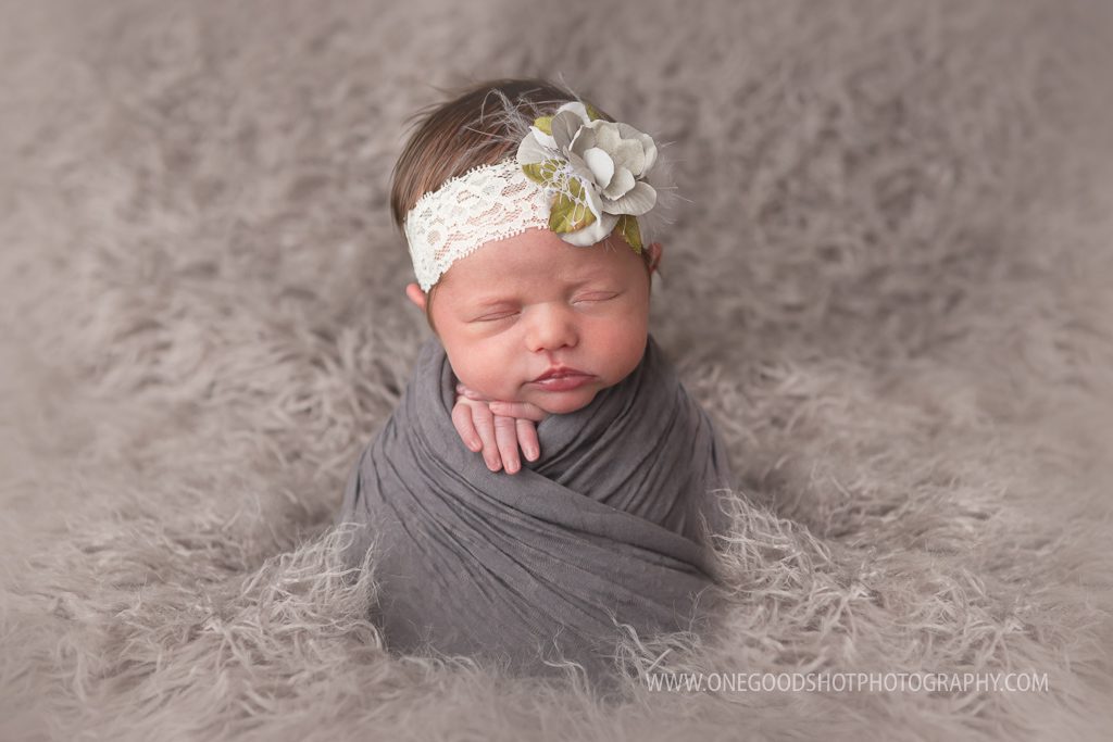 newborn girl, potato sack pose, gray