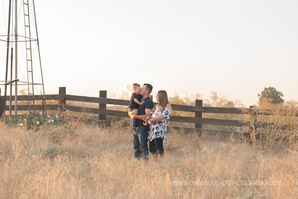 Family with young children in a wheat grass field, backlit, fresno family photographer