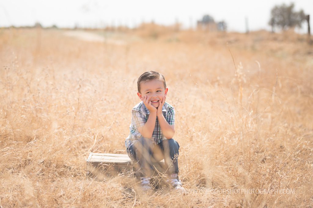 little boy, sitting on a box in a wheat grass field with the look of wonder, backlit