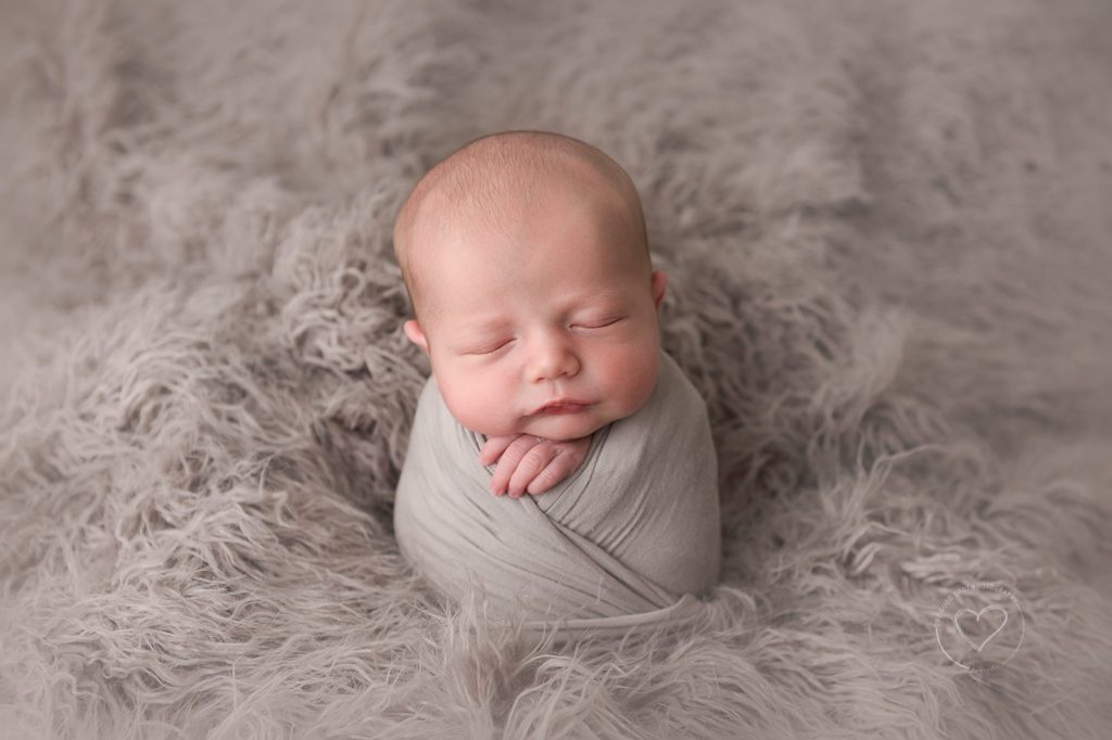 fresno newborn baby boy potato sack pose gray