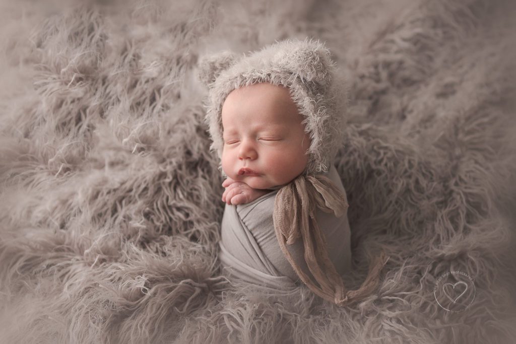 newborn baby boy, potato sack pose, gray fluff, teddy bear bonnet, fresno, ca, one good shot photography
