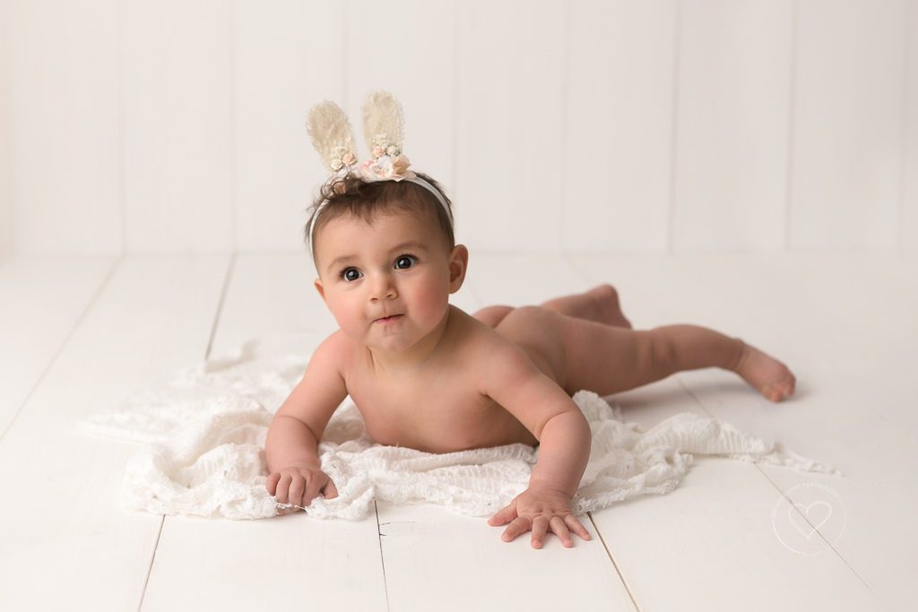 Fresno baby photographer, baby girl on belly with bunny ears