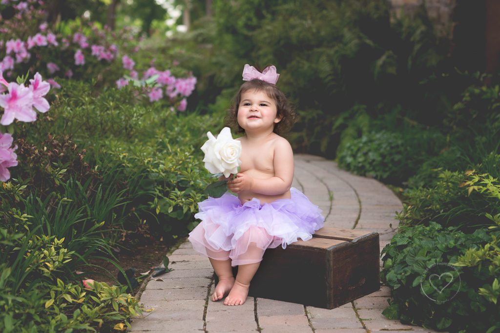 One Good Shot Photography | Fresno Baby Photographer, Fresno, Clovis, CA, 1 year, First Birthday, Miestone Session, Garden, Secret Garden, Baby Girl on Box, Tutu, Roses