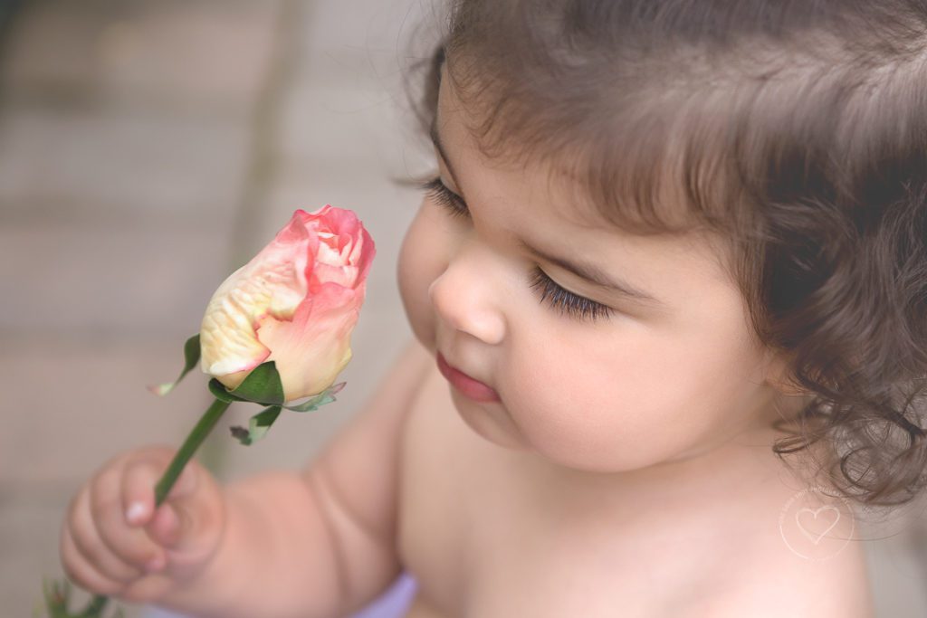 One Good Shot Photography | Fresno Baby Photographer, Fresno, Clovis, CA, 1 year, First Birthday, Miestone Session, Garden, Baby Girl Smelling Rose