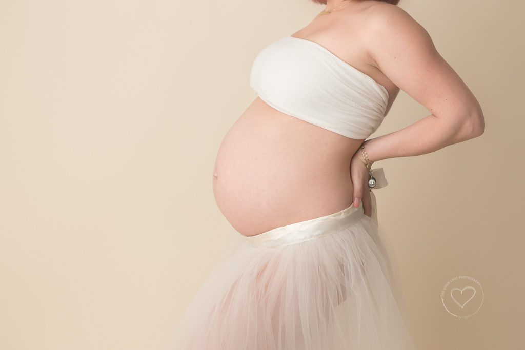 Fresno Maternity Photographer | One Good Shot Photography, Fresno, Clovis, CA, Studio Session, Baby, Belly, Bump, Cream, White, Tutu