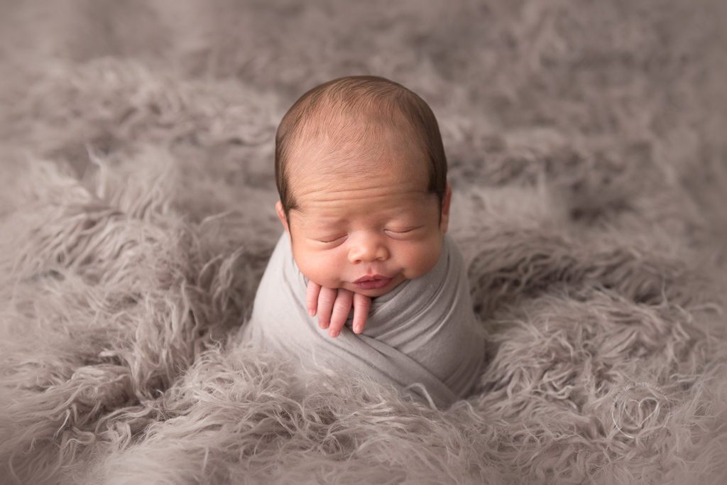 newborn boy, gray, potato sack pose, Fresno newborn photographer