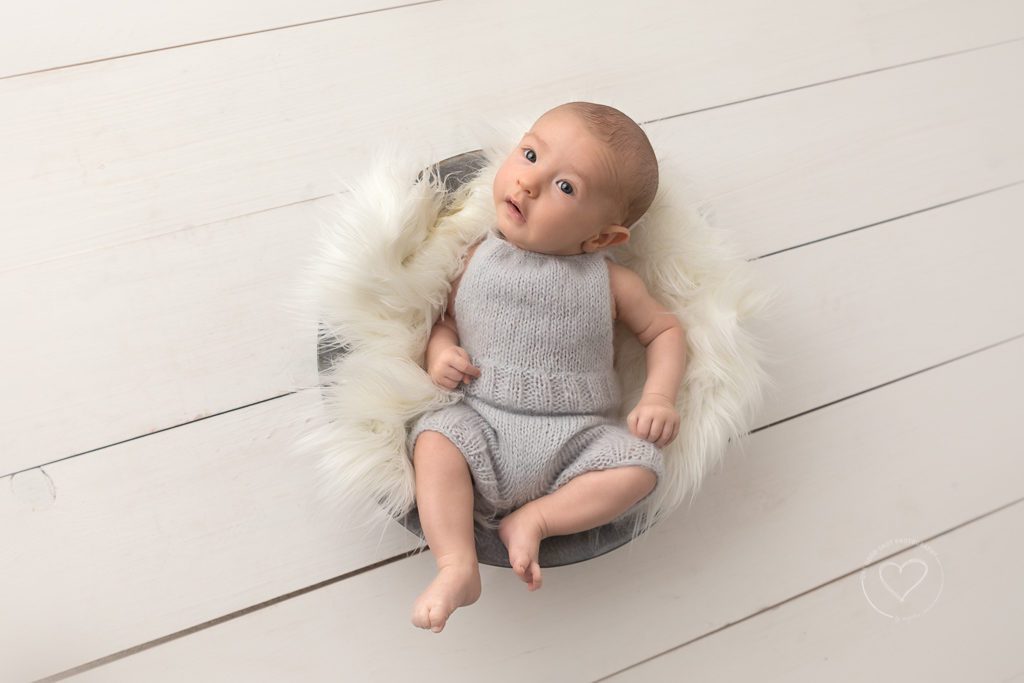 Fresno Baby Photographer | One Good Shot Photographer, Fresno, Clovis, CA, Baby photos, 3 months old, Milestone session, natural posing, neutral baby, baby in bowl, white fur, gray romper