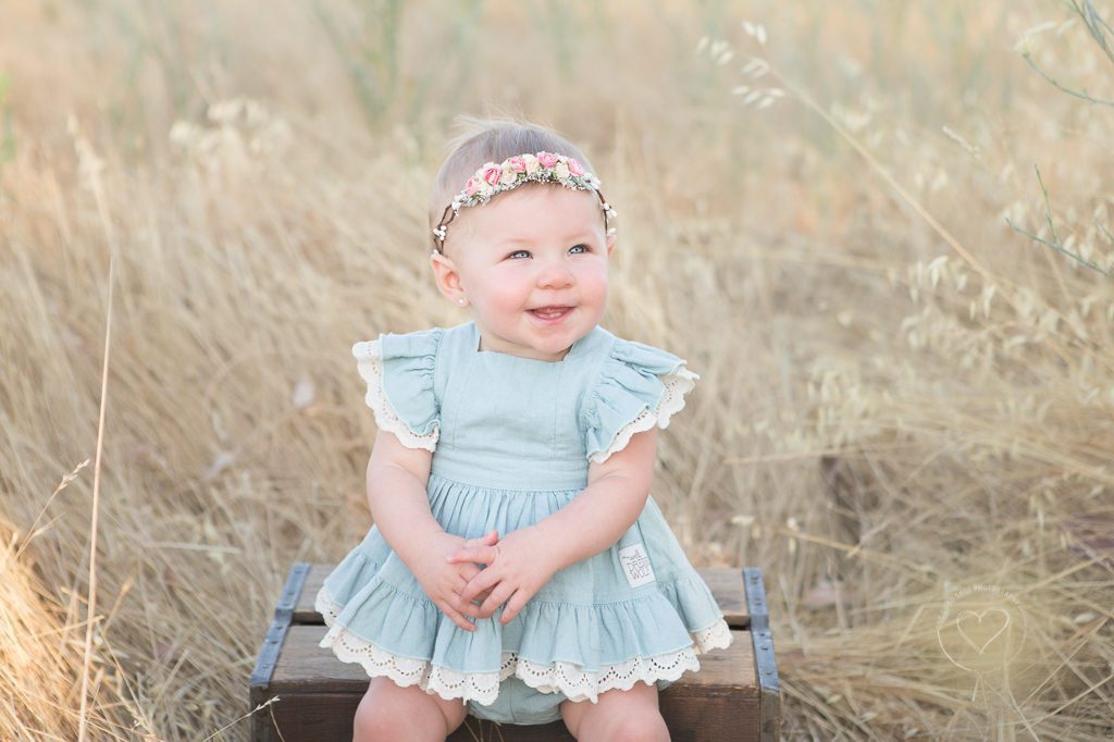 vintage baby, Fresno baby photographer, flower halo, blue dress, field