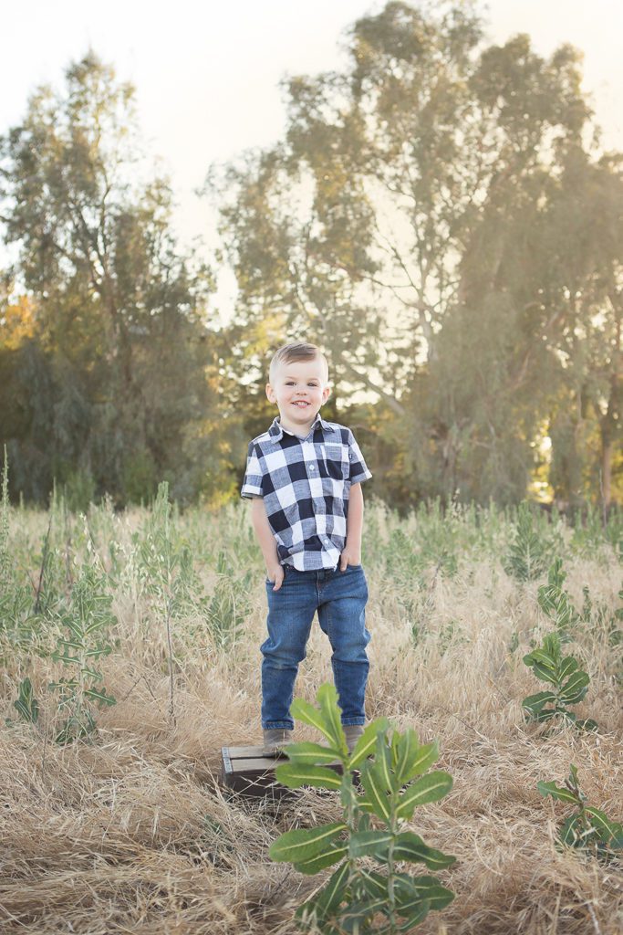Fresno child photographer, boy standing on box in a field