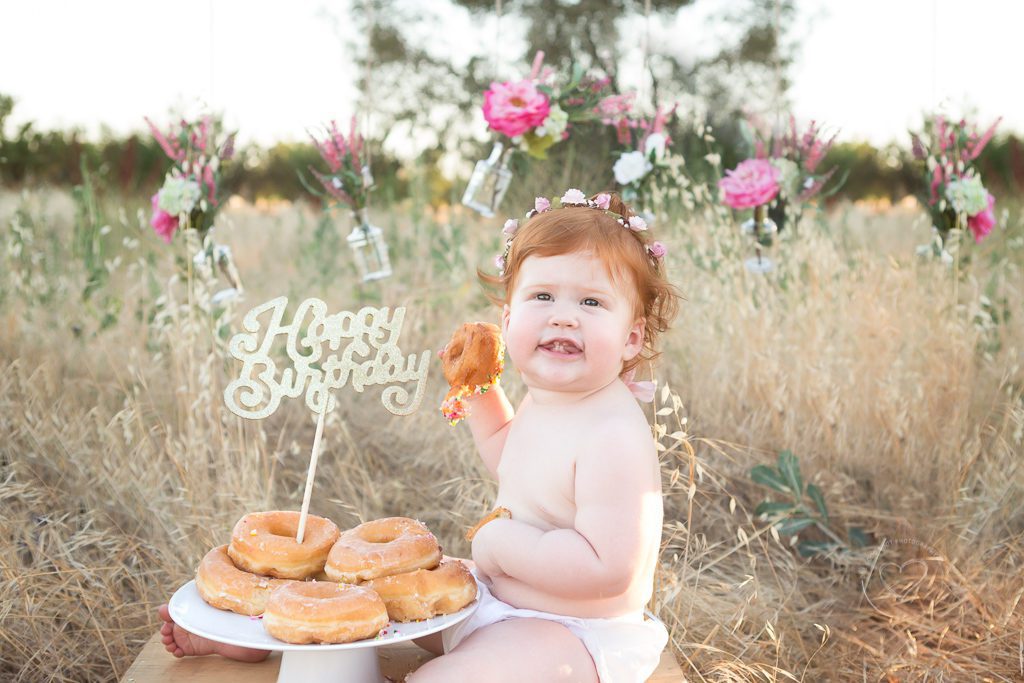 fresno baby photographer, donut smash, vintage roses, field