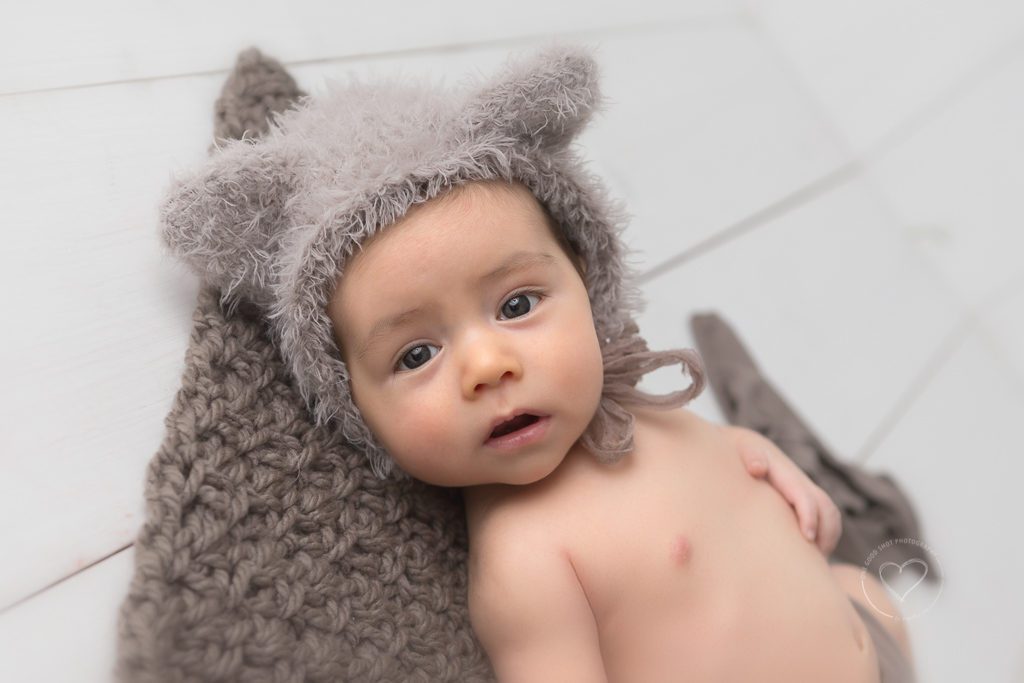 Fresno Baby Photographer, Baby in bear bonnet