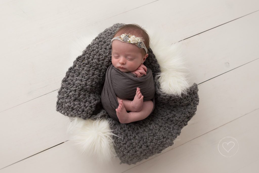 Fresno Newborn Photographer | One Good Shot Photographer, Fresno, Clovis, CA, Baby in a Bowl, White Fluff, Gray Knit, Gray Wrap, Gray Tieback, Newborn Posing