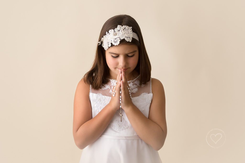 One Good Shot Photography | Fresno Child Photographer, First Communion, Studio Session, White Dress, Neutral, Praying, Rosary, Blessed, Catholic