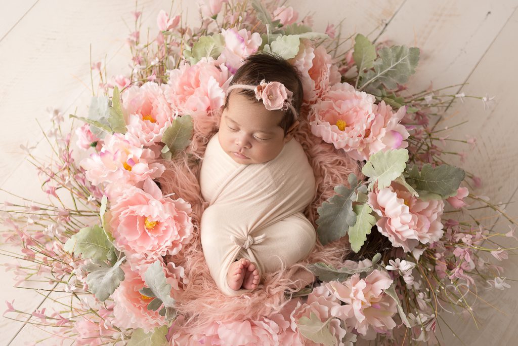 Fresno newborn photographer, newborn girl, floral wreath pink, white
