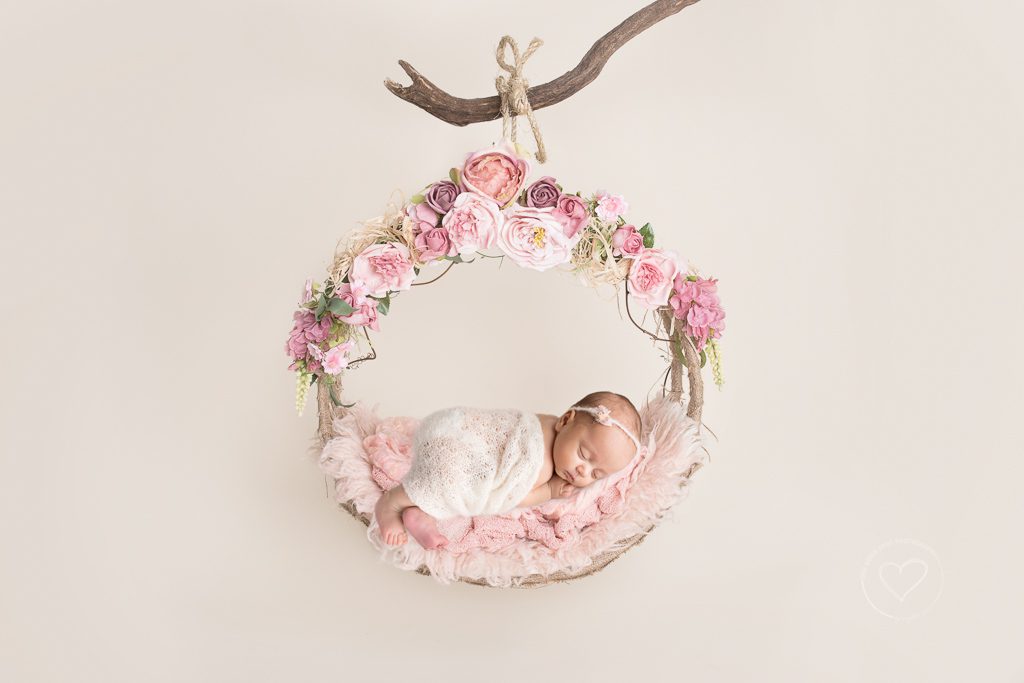 Newborn Photos, Fresno, CA, Girl, Older Newborn, Sleeping, Floral Swing