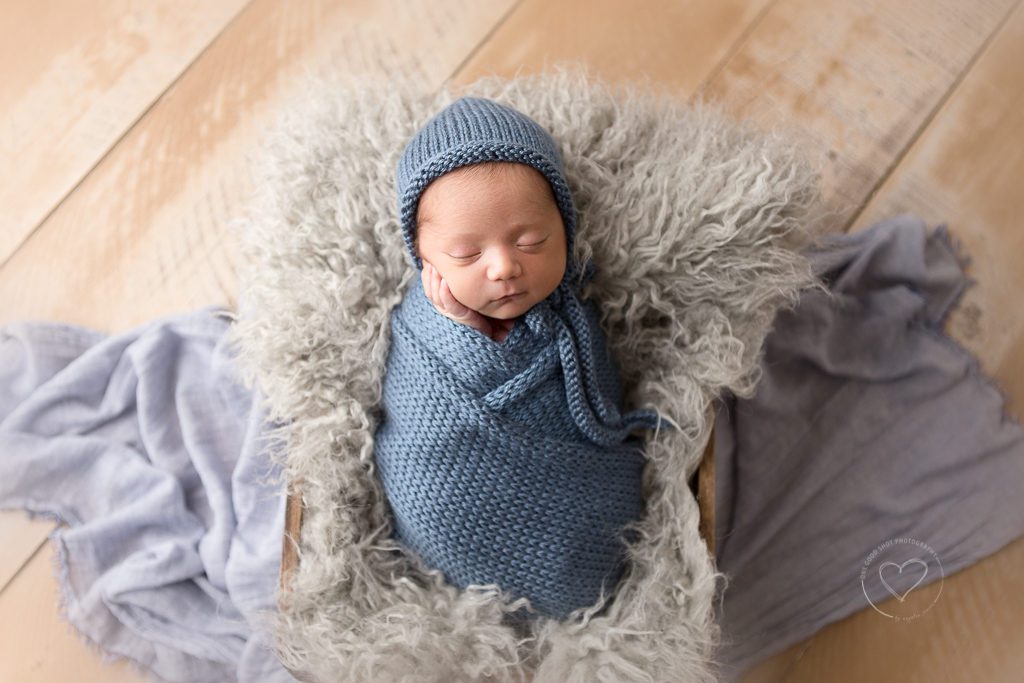 Newborn boy photos, Fresno Photographer, One Good Shot Photography, Blue and Gray, Bonnet and Wrap