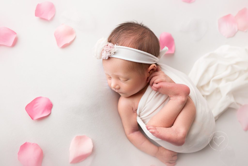 Fresno newborn photographer, baby girl in luck Finn pose, wrapped in white , with pink flower petals, view from above