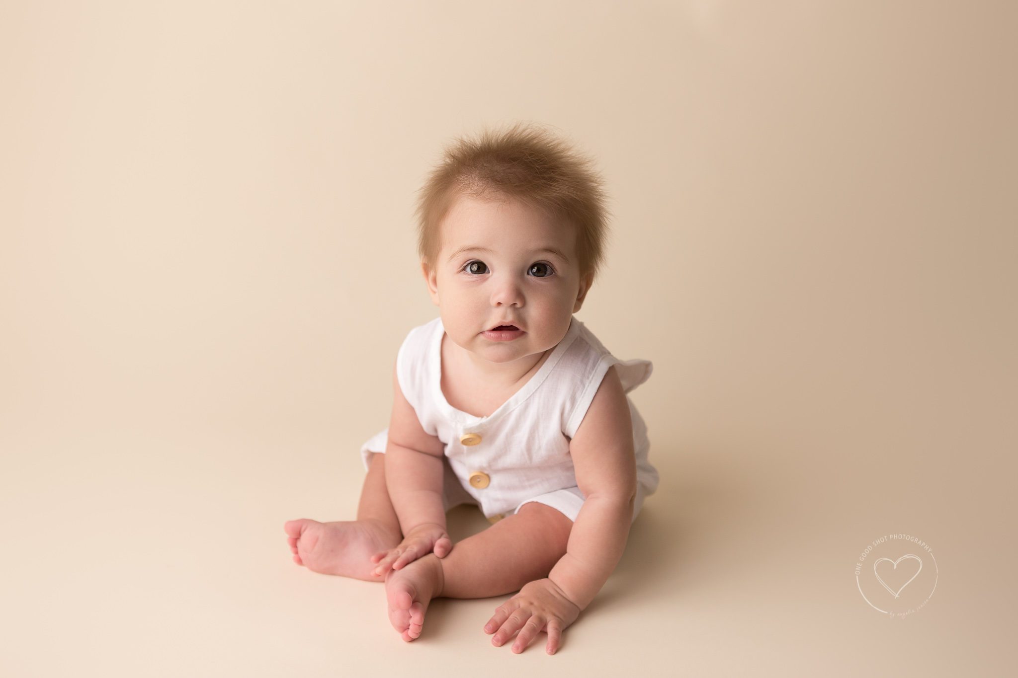 baby boy, 6 months old, sitter, wearing white linen romper, Fresno baby photographer