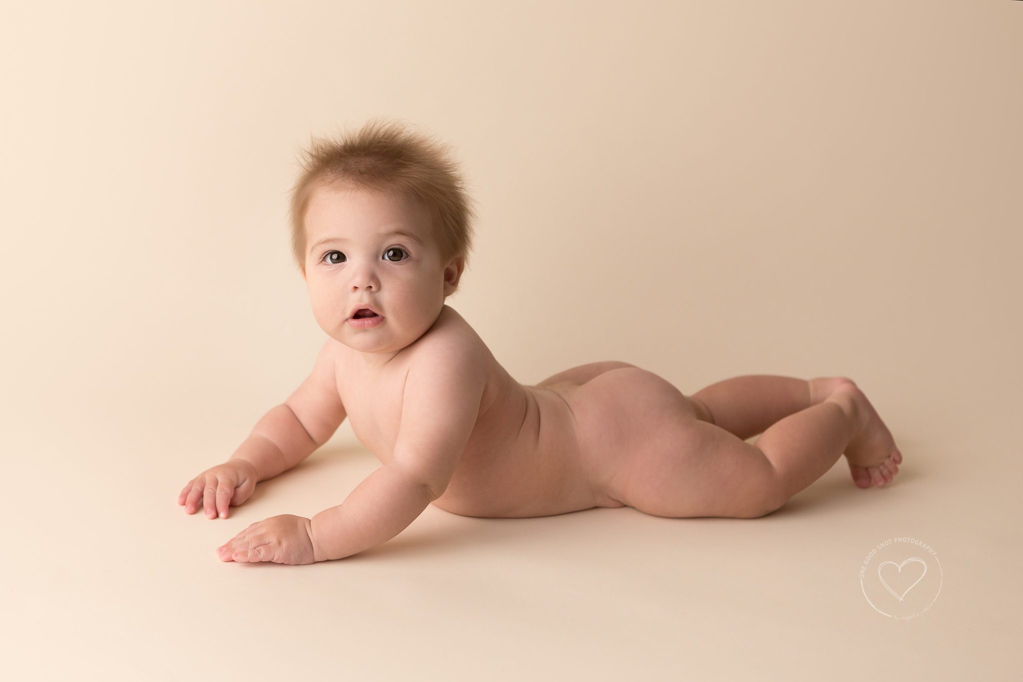 6 month old baby boy, naked, on tummy, milestone session, Fresno baby photographer