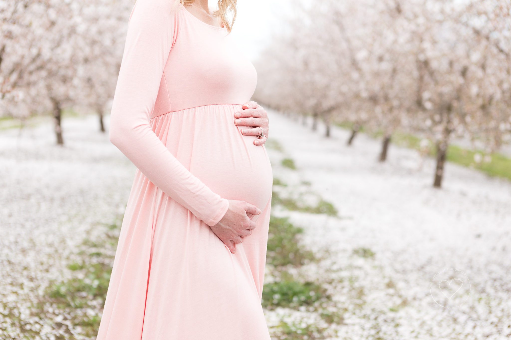 Baby bump, pregnancy, maternity session, pink maternity dress, blossoms