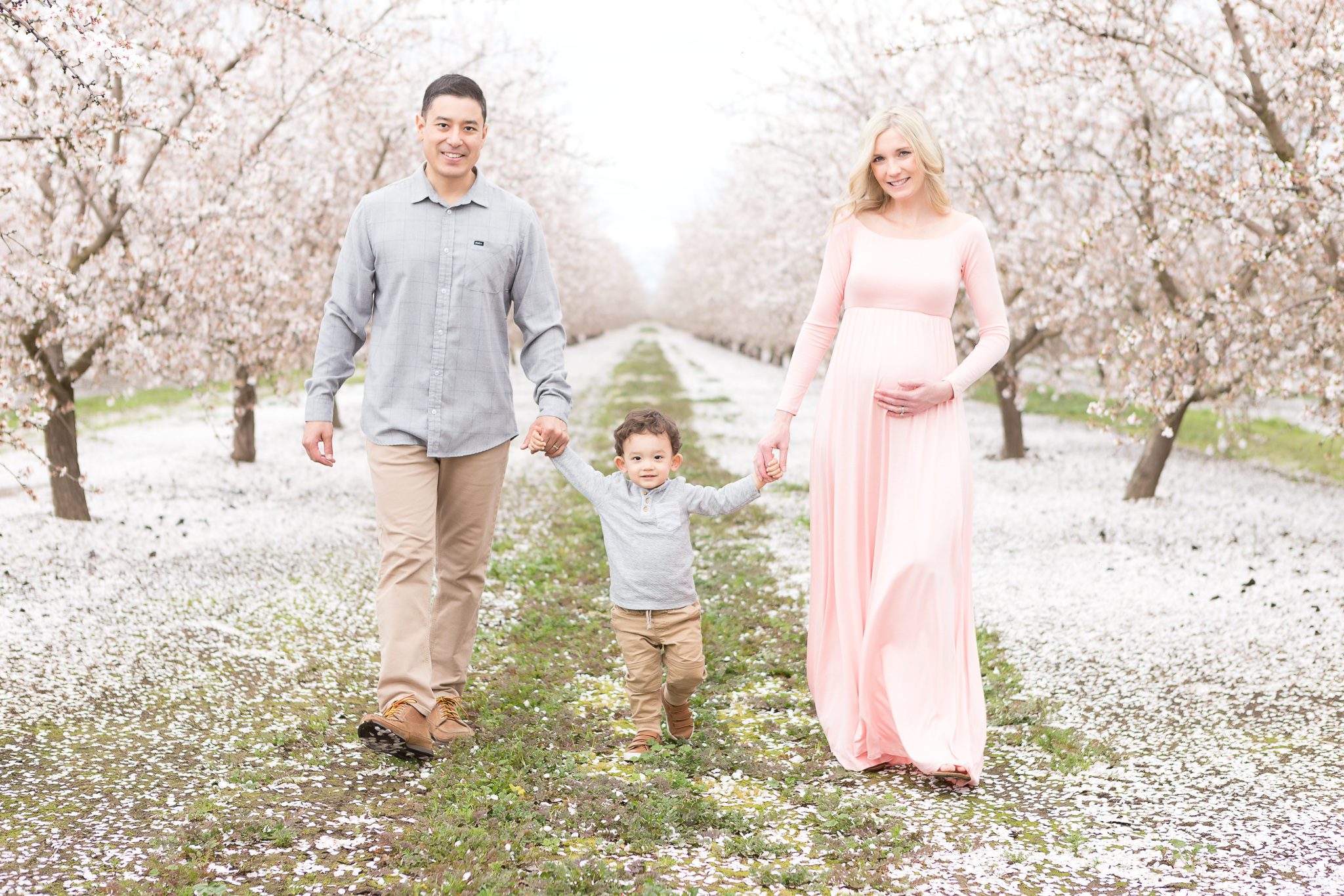 pink maternity dress, maternity session, mom dad and son walking in the blossoms 
