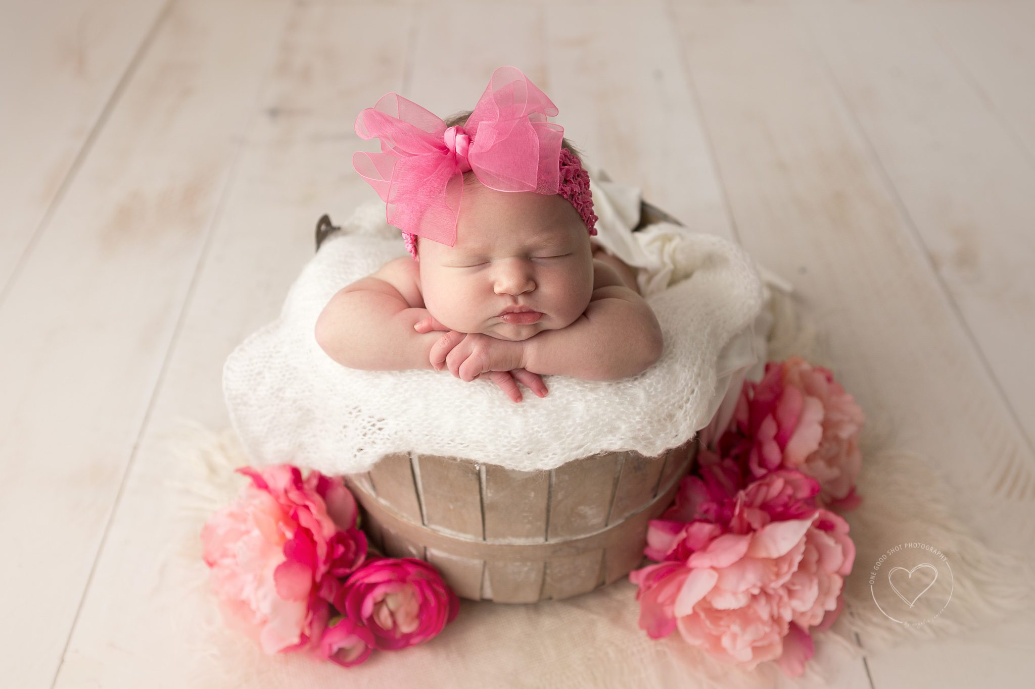 newborn girl, head on hands, bucket pose, vintage bucket, white overlay, big pink bow, pink flowers around bucket