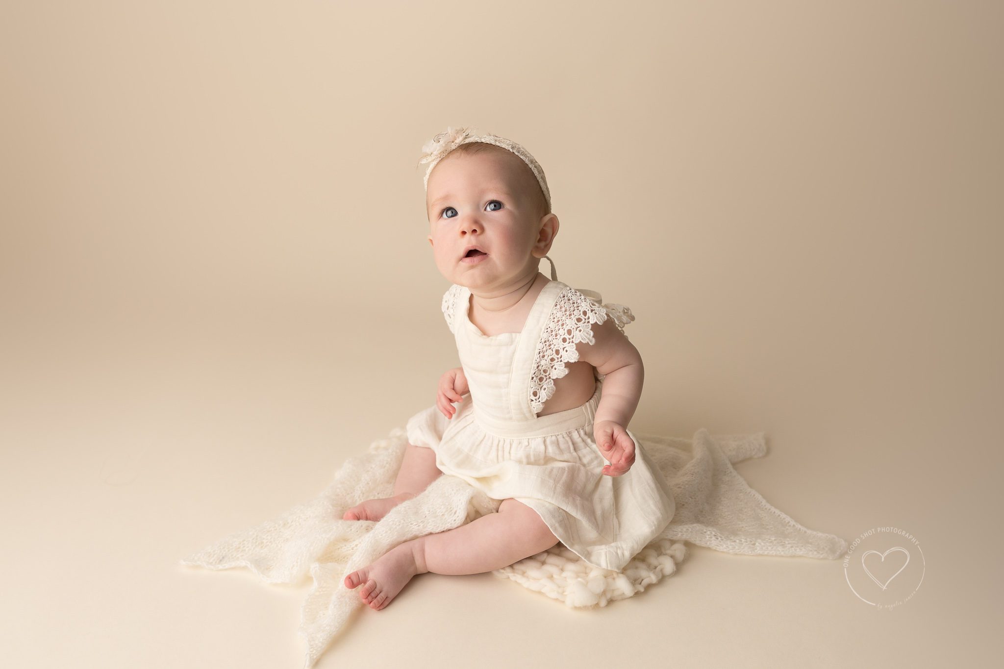 fresno, clovis, photographer, baby, girl, white dress, flower headband, 6 months, sitter