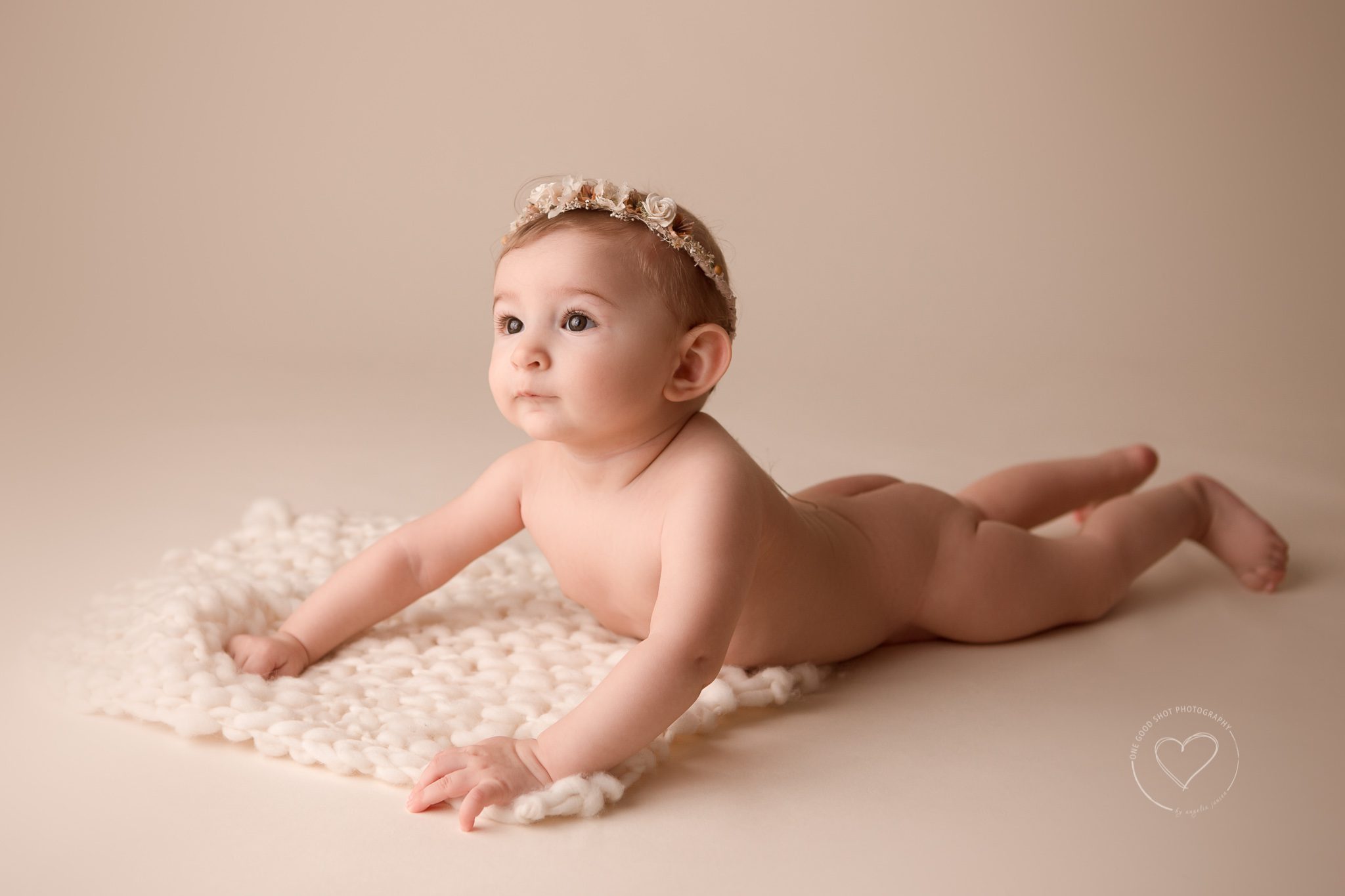 Fresno Photographer, Baby Milestone, 6 month old girl, tummy time, floral halo