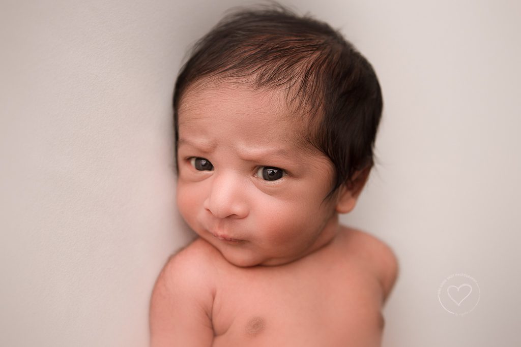 fresno newborn photographer, baby awake, unsoothing, white backdrop