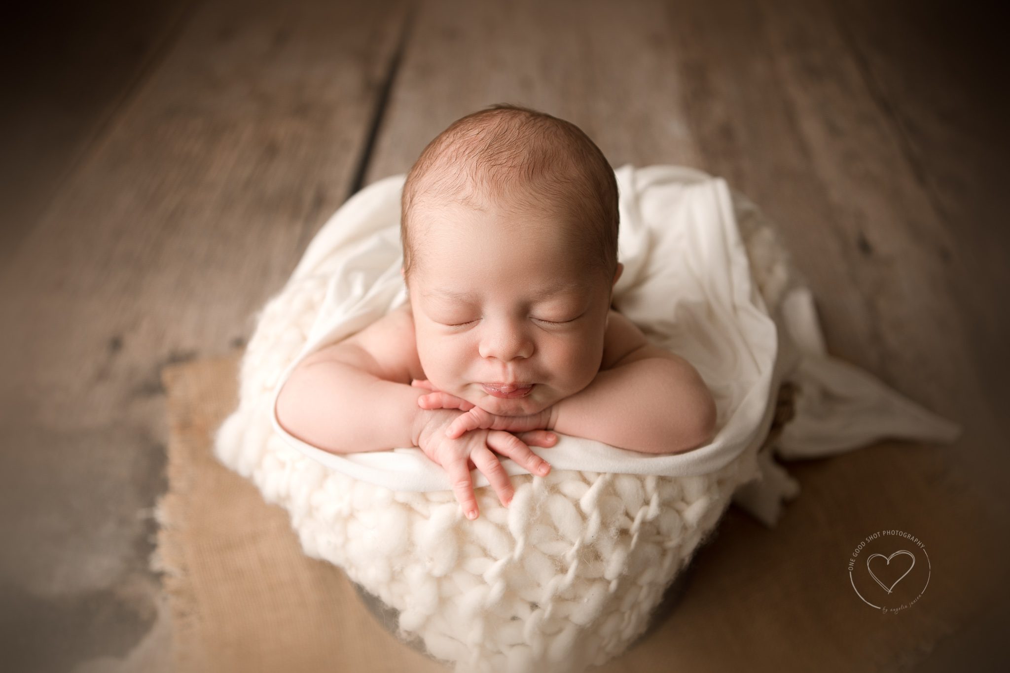 newborn baby boy, bucket pose, head on hands, fresno photographer