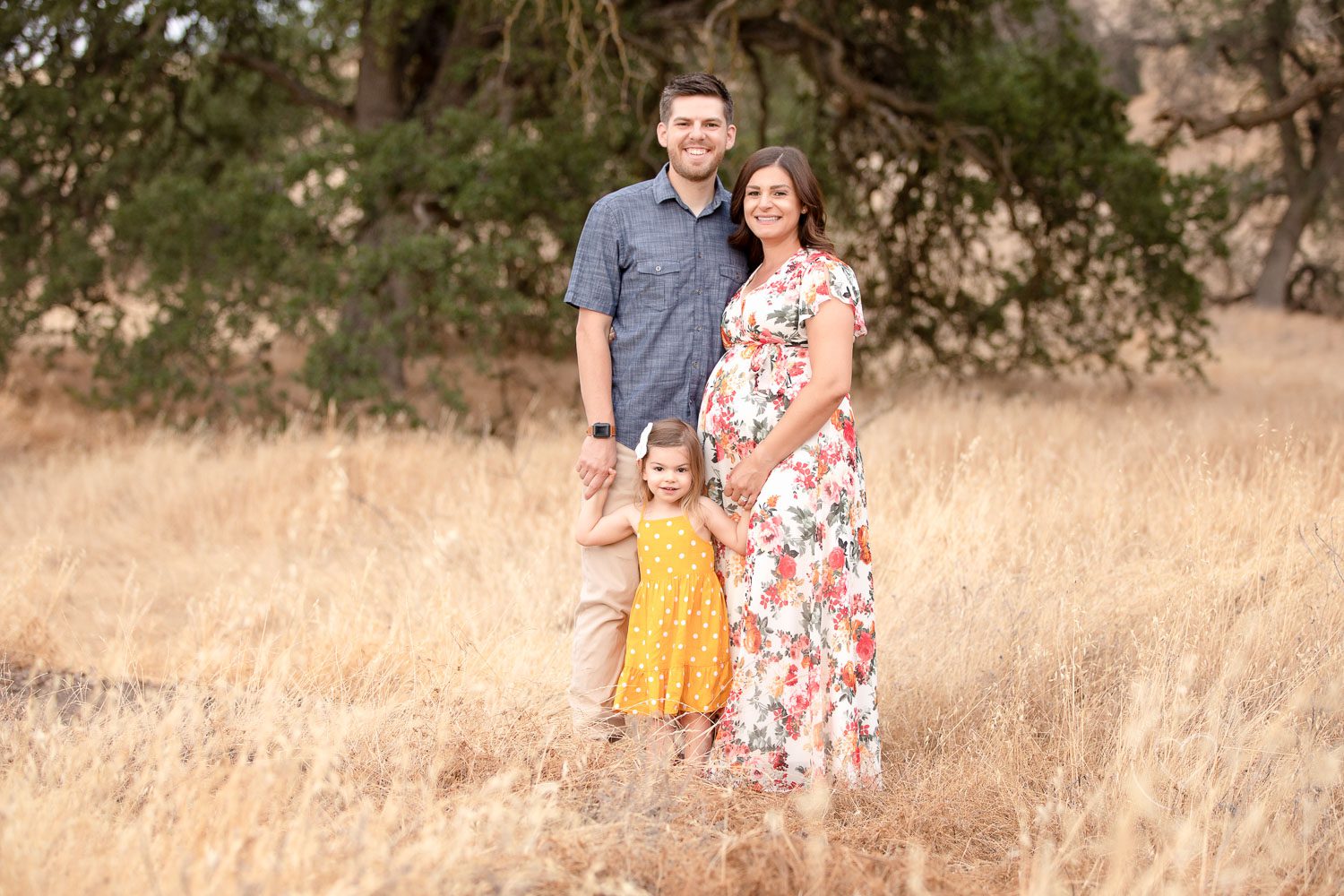 Maternity, Family, big sister holding mom and dads hands, grassy foothills, Fresno, Clovis, photographer