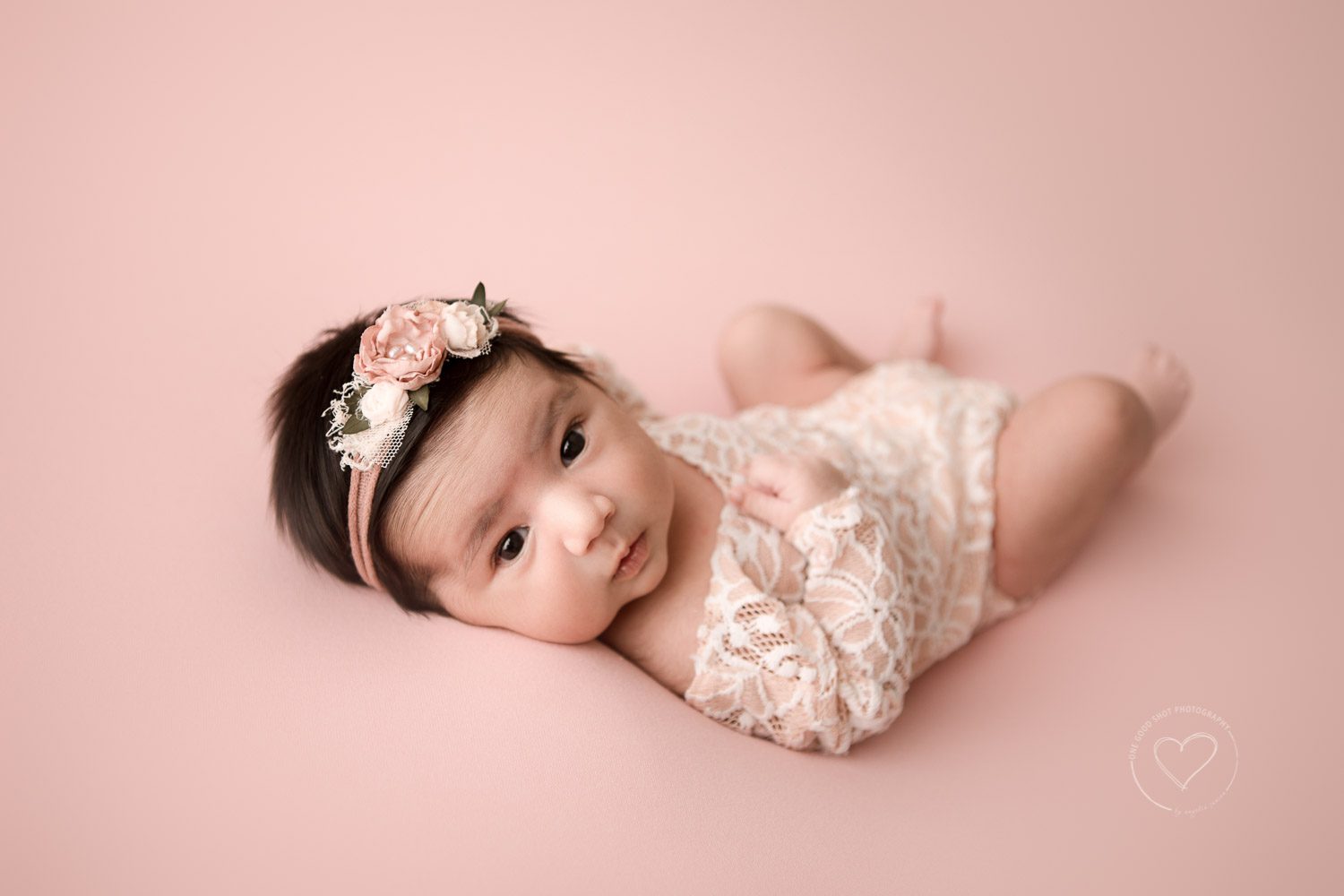 Newborn Baby awake, lace outfit, floral headband, photos, Fresno photographer
