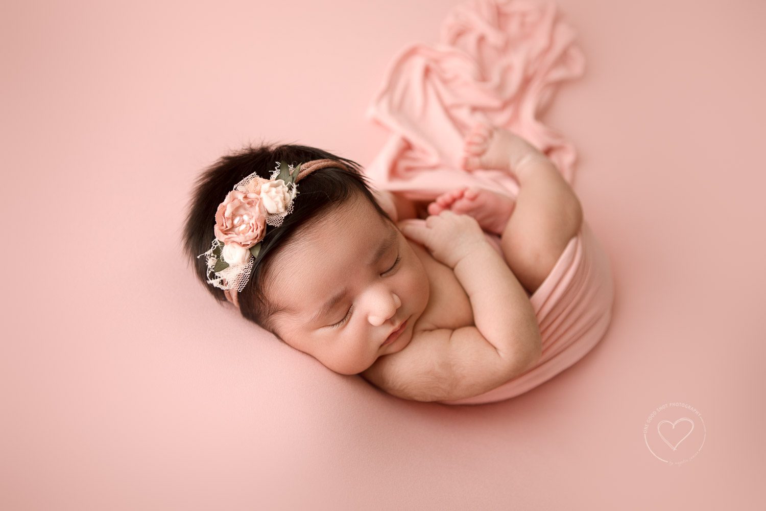 Newborn girl, pink, Huck Finn pose, floral headband, Fresno Newborn Photographer