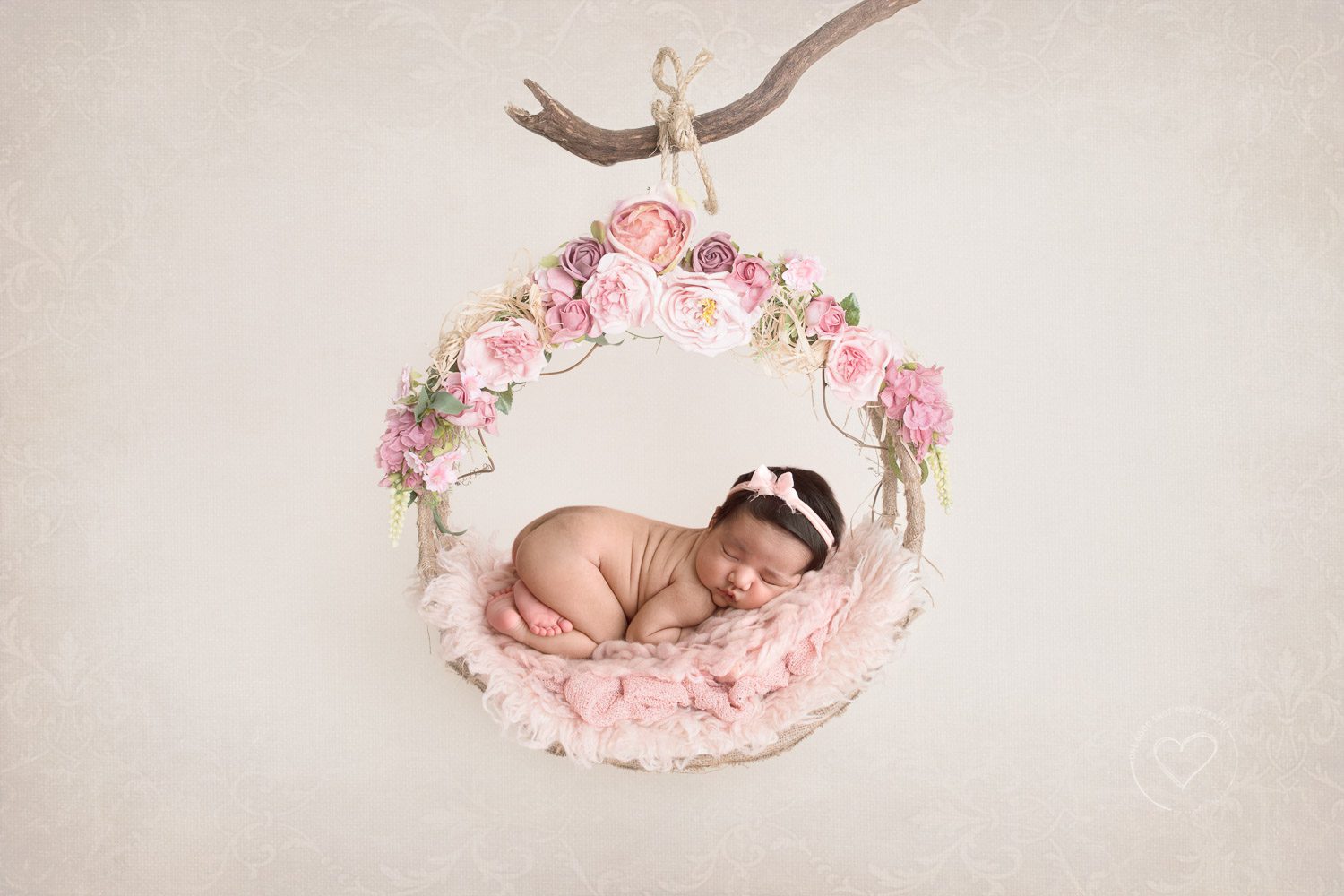 Newborn Swing Prop, Floral, Tushie up pose, flower headband, pink, Fresno newborn photographer