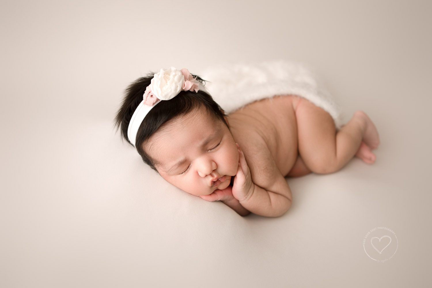 Newborn, baby, side lying, timber pose, white, neutral, floral headband, fresno photographer