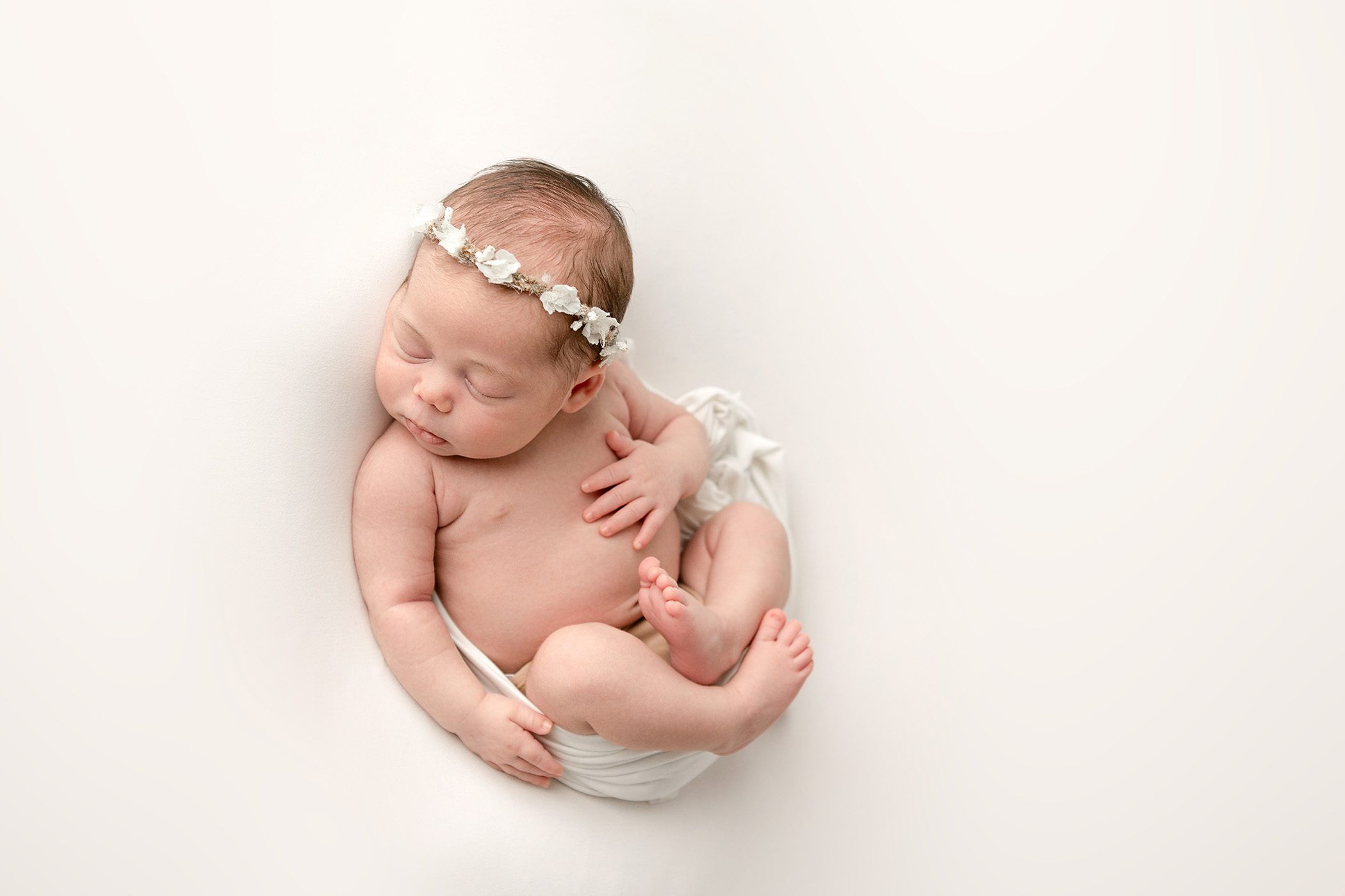 Fresno Newborn Baby Photographer, all white, boho floral headband